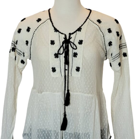 Free People Semi Sheer Peasant Style Tunic w/Embroidery Tie Front Beige/Blk Sz L - Picture 2 of 14